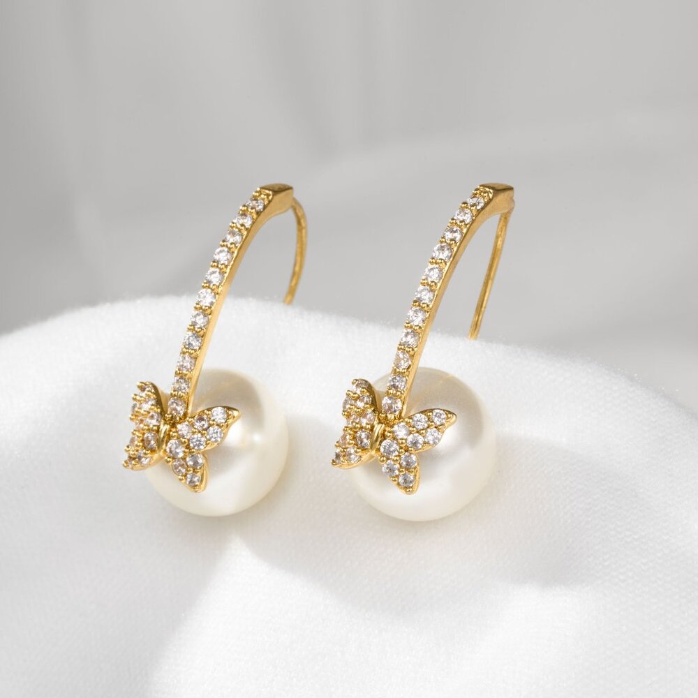 Alicia Bonnie Butterfly Pearl Drop Earrings Gold Crystal Dangle Wedding